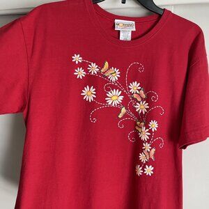 Morning Sun Vintage Floral Butterfly Top Size L Red Cotton Short Sleeve Tee